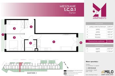 Rzut - Mieszkanie na sprzedaż 3 pokoje o powierzchni 52,98 m² - numer 1.C.0.1 w 2M Apartments etap IV