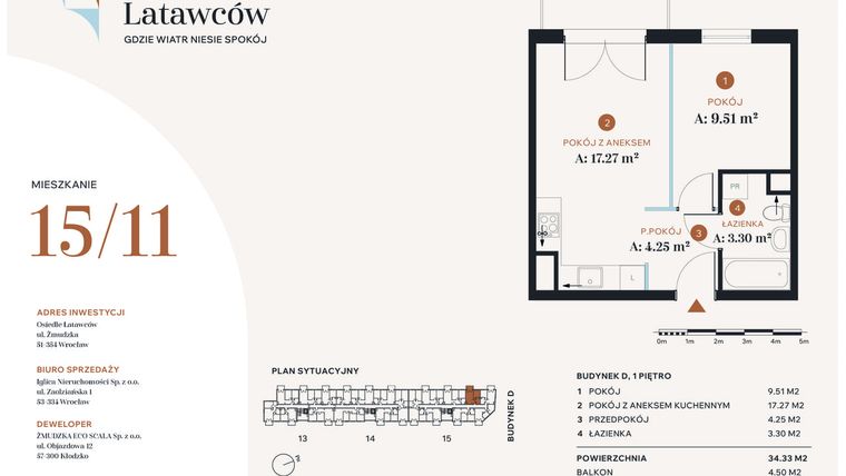 Rzut - Mieszkanie na sprzedaż 2 pokoje o powierzchni 34,33 m² - numer D15-11 w Osiedle Latawców