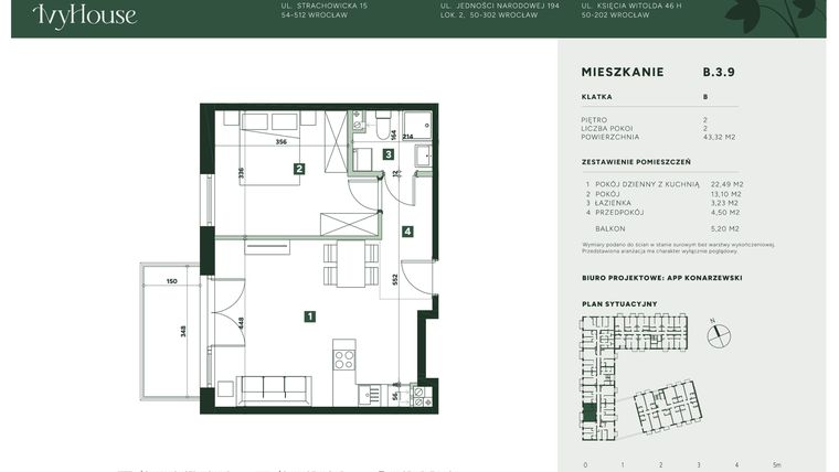 Rzut - Mieszkanie na sprzedaż 2 pokoje o powierzchni 43,32 m² - numer B.3.9 w IVY HOUSE
