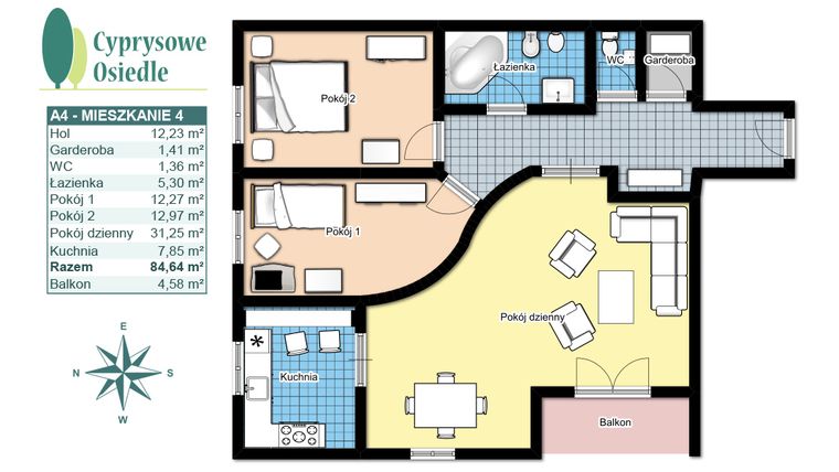 Rzut - Mieszkanie na sprzedaż 3 pokoje o powierzchni 84,64 m² - numer A4 w Cyprysowe Osiedle
