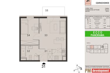 Rzut - Mieszkanie na sprzedaż 2 pokoje o powierzchni 33,33 m² - numer 31C w Ecco Panorama etap II budynki C, D