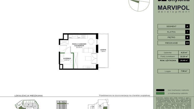 Rzut - Mieszkanie na sprzedaż 1 pokój o powierzchni 26,48 m² - numer A1-8-03 w Nowa Chylonia