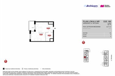 Rzut - Mieszkanie na sprzedaż 1 pokój o powierzchni 33,77 m² - numer D2E 186 w Modern Mokotów etap 4, budynek D1 i D2