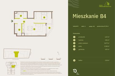 Rzut - Mieszkanie na sprzedaż 2 pokoje o powierzchni 47,39 m² - numer B4 w Osiedle Imbramowskie