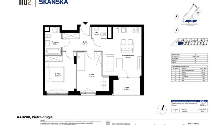 Rzut - Mieszkanie na sprzedaż 3 pokoje o powierzchni 57,59 m² - numer AA0208 w NU2 Warszawa Wola - apartamenty wykończone pod klucz
