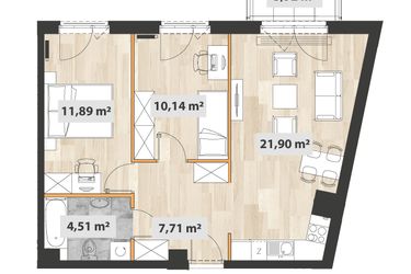 Rzut - Mieszkanie na sprzedaż 3 pokoje o powierzchni 57,49 m² - numer B.02.02 w Na Okrzei