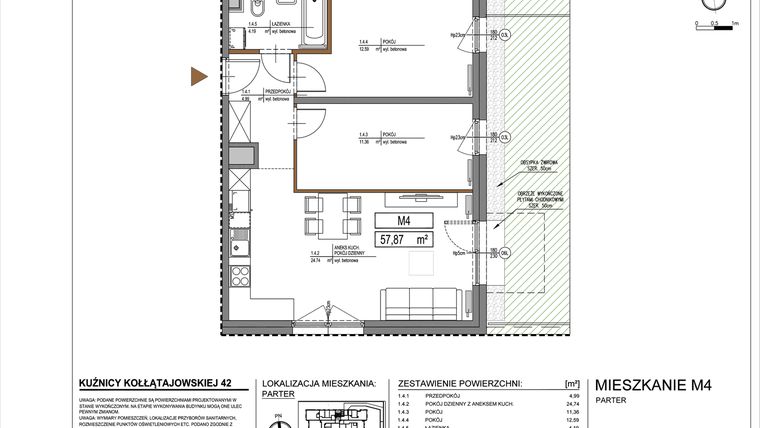 Rzut - Mieszkanie na sprzedaż 3 pokoje o powierzchni 57,87 m² - numer M4 w Kuźnicy Kołłątajowskiej 42