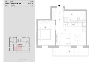Rzut - Mieszkanie na sprzedaż 2 pokoje o powierzchni 37,18 m² - numer 82.1.04 w ATAL Bronowice