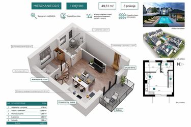 Rzut - Mieszkanie na sprzedaż 3 pokoje o powierzchni 49,31 m² - numer D2/2 w Bałtycka Oaza