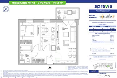 Rzut - Mieszkanie na sprzedaż 2 pokoje o powierzchni 46,41 m² - numer B1.42 w Osiedle Bokserska 2