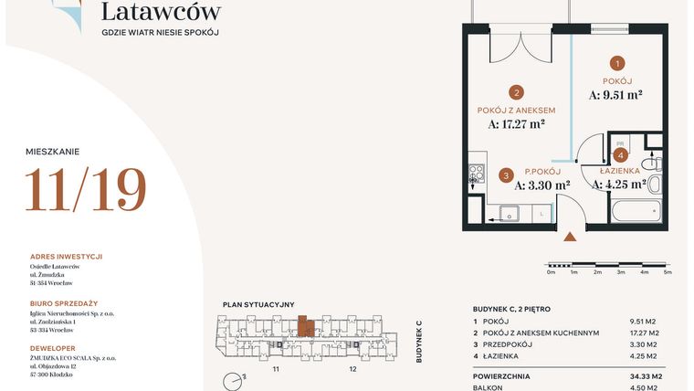 Rzut - Mieszkanie na sprzedaż 2 pokoje o powierzchni 34,33 m² - numer C11-19 w Osiedle Latawców