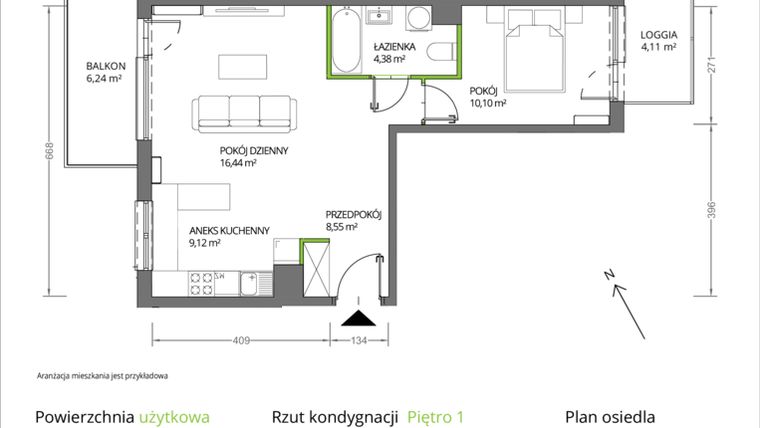 Rzut - Mieszkanie na sprzedaż 2 pokoje o powierzchni 48,59 m² - numer 1/025 w Krakowska Vita