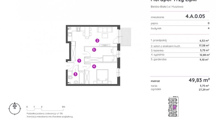Rzut - Mieszkanie na sprzedaż 2 pokoje o powierzchni 49,83 m² - numer 4.A.0.05 w Murapol Trzy Lipki