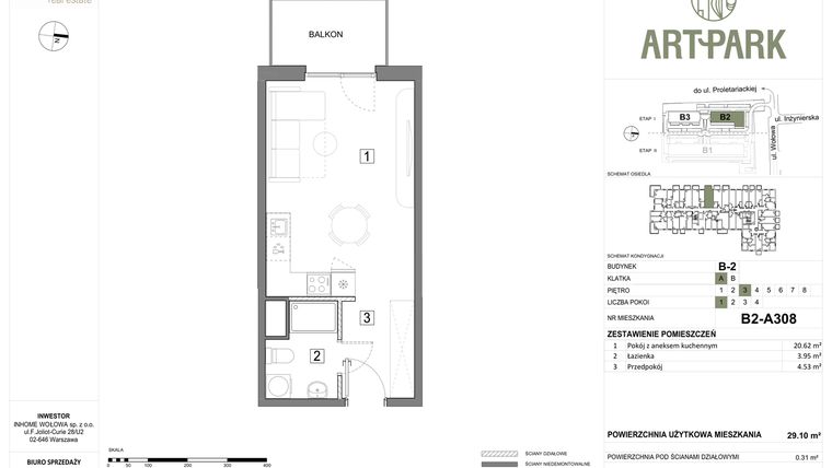 Rzut - Mieszkanie na sprzedaż 1 pokój o powierzchni 29,41 m² - numer B.2.A308 w ArtPark