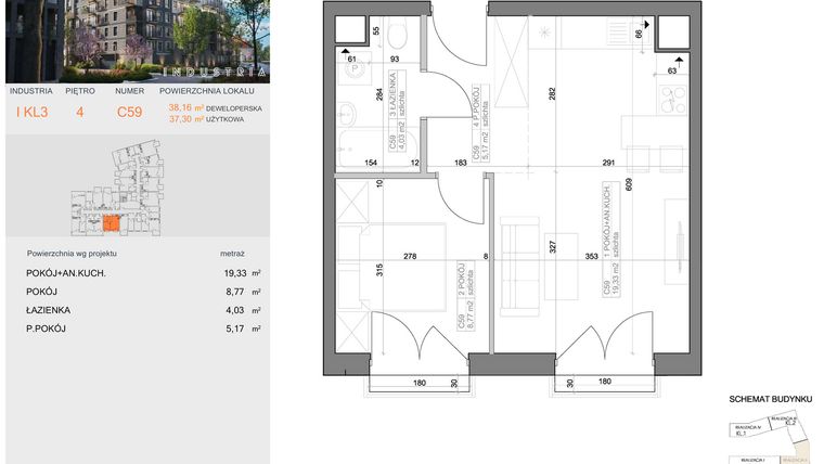 Rzut - Mieszkanie na sprzedaż 2 pokoje o powierzchni 37,3 m² - numer I-C59 w Industria etap I-D oraz I-C