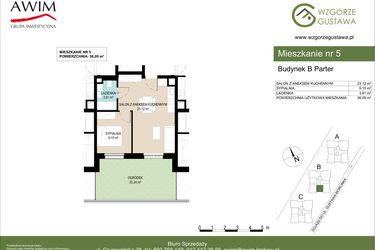 Rzut - Mieszkanie na sprzedaż 2 pokoje o powierzchni 36,09 m² - numer B5 w Wzgórze Gustawa