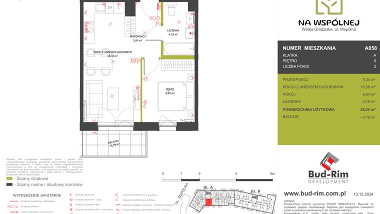 Rzut - Mieszkanie na sprzedaż 2 pokoje o powierzchni 38,04 m² - numer 58 w Na Wspólnej
