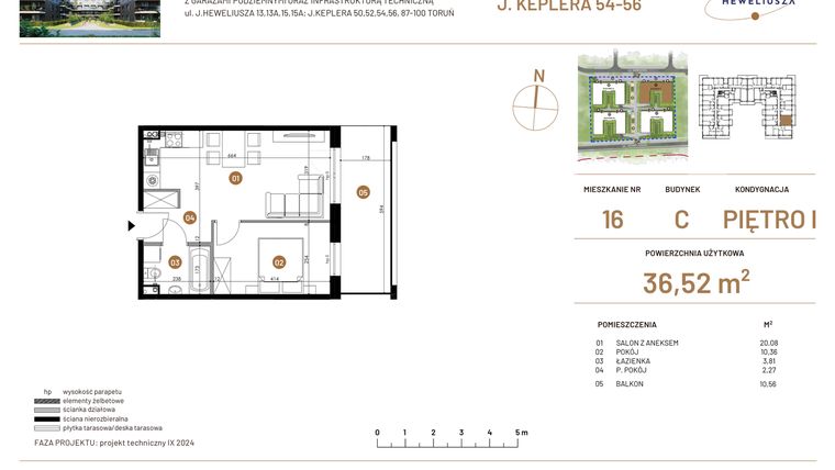 Rzut - Mieszkanie na sprzedaż 2 pokoje o powierzchni 36,52 m² - numer JAR-III-C-LM-M16 w Osiedle JAR Heweliusza etap III