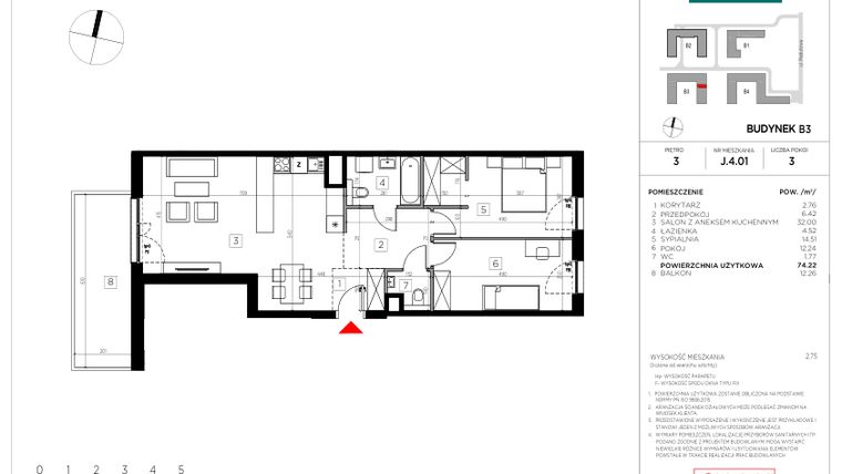 Rzut - Mieszkanie na sprzedaż 3 pokoje o powierzchni 74,22 m² - numer J.4.01 w CityFlow etap II