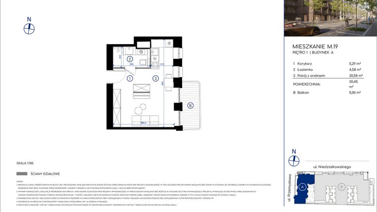 Rzut - Mieszkanie na sprzedaż 1 pokój o powierzchni 30,45 m² - numer M.19 w Niedziałkowskiego Park