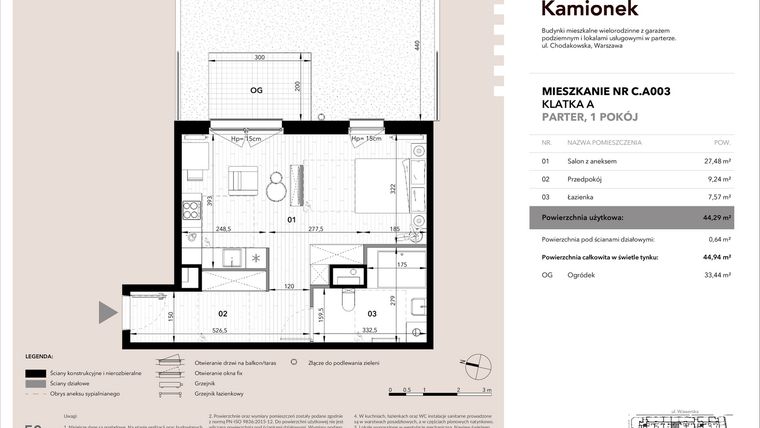 Rzut - Mieszkanie na sprzedaż 1 pokój o powierzchni 44,29 m² - numer C.A003 w Nowy Kamionek