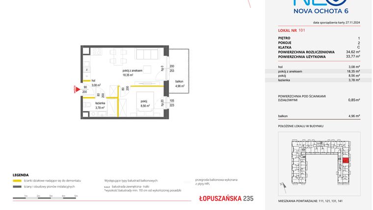 Rzut - Mieszkanie na sprzedaż 2 pokoje o powierzchni 34,62 m² - numer 101 w Neo Nova Ochota 6