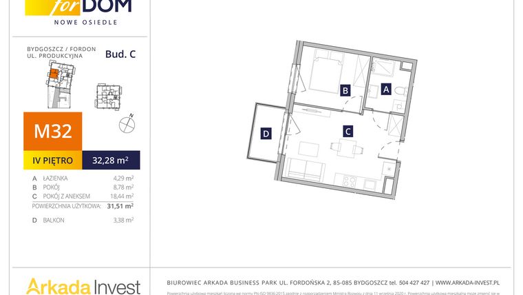 Rzut - Mieszkanie na sprzedaż 2 pokoje o powierzchni 31,58 m² - numer M32_F.c w Osiedle forDOM – etap C