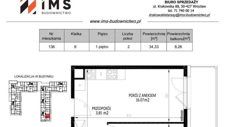 Rzut - Mieszkanie na sprzedaż 2 pokoje o powierzchni 34,37 m² - numer 136 w Krakowskie Tarasy etap V