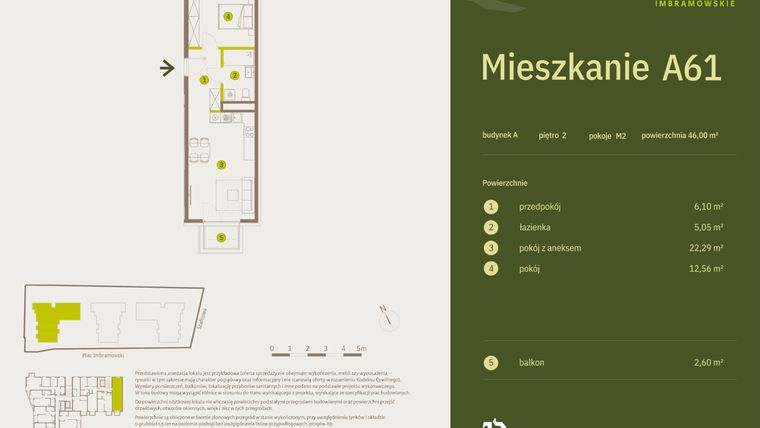 Rzut - Mieszkanie na sprzedaż 2 pokoje o powierzchni 46 m² - numer A61 w Osiedle Imbramowskie