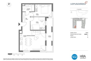 Rzut - Mieszkanie na sprzedaż 3 pokoje o powierzchni 66,88 m² - numer H.1.4 w Łopuszańska 47 - etap 3