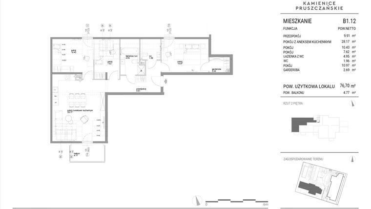 Rzut - Mieszkanie na sprzedaż 4 pokoje o powierzchni 76,7 m² - numer B1.12 w Kamienice Pruszczańskie
