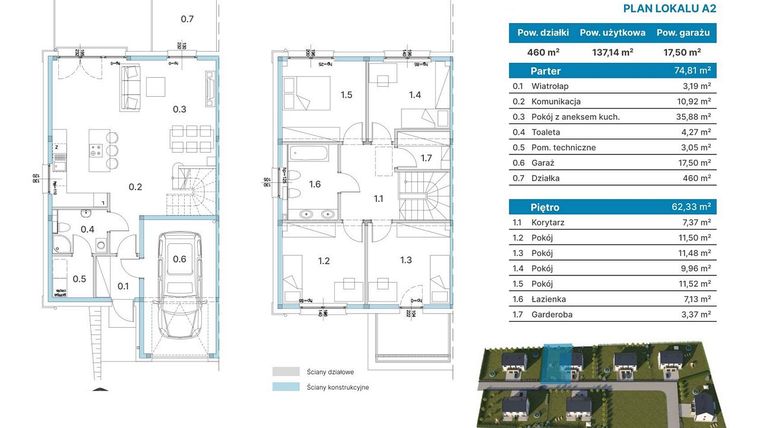 Rzut - Dom na sprzedaż 5 pokoi o powierzchni 137,14 m² - numer A2 w Domy Łozina