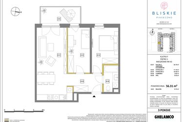 Rzut - Mieszkanie na sprzedaż 3 pokoje o powierzchni 56,31 m² - numer 43 w Bliskie Piaseczno 2