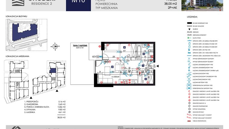 Rzut - Mieszkanie na sprzedaż 2 pokoje o powierzchni 38,05 m² - numer M10 w Chodźki Residence 2