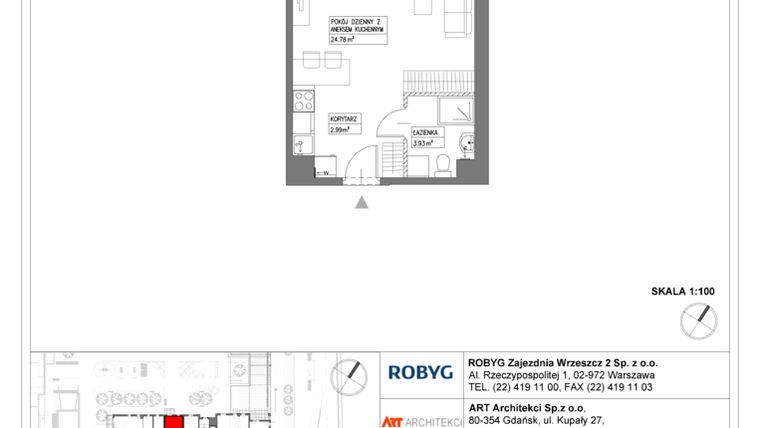 Rzut - Mieszkanie na sprzedaż 1 pokój o powierzchni 31,69 m² - numer I1.1M14 w Nowa Wałowa bud. I1