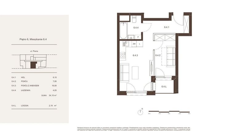 Rzut - Mieszkanie na sprzedaż 2 pokoje o powierzchni 34,1 m² - numer 6.4 w Piwna 21