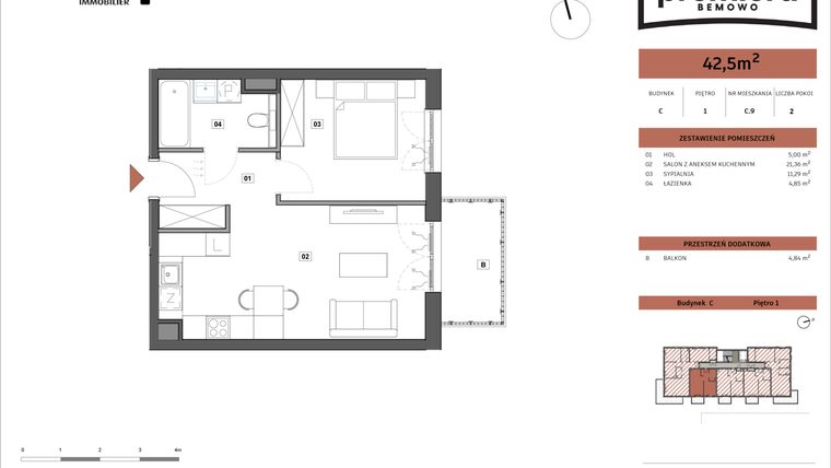 Rzut - Mieszkanie na sprzedaż 2 pokoje o powierzchni 42,5 m² - numer C.09 w Premiera Bemowo