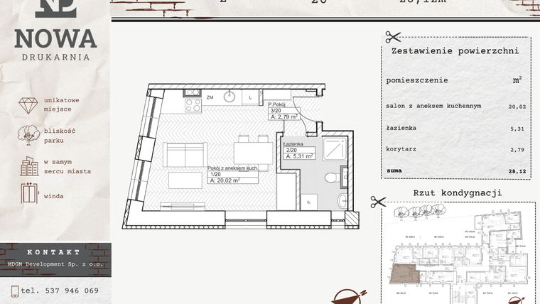 Rzut - Mieszkanie na sprzedaż 1 pokój o powierzchni 28,12 m² - numer M20 w Nowa Drukarnia