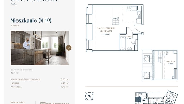 Rzut - Mieszkanie na sprzedaż 1 pokój o powierzchni 45,02 m² - numer M.19 w Stare Podgórze
