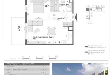 Rzut - Mieszkanie na sprzedaż 2 pokoje o powierzchni 43,43 m² - numer M32 w Modern House II