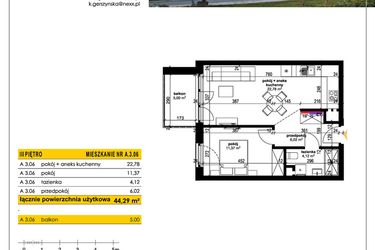 Rzut - Mieszkanie na sprzedaż 2 pokoje o powierzchni 44,29 m² - numer A 3.06 w Park Moniuszki II C