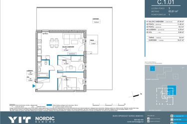 Rzut - Mieszkanie na sprzedaż 3 pokoje o powierzchni 63,61 m² - numer C.1.01 w Nordic Bemowo - etap IV