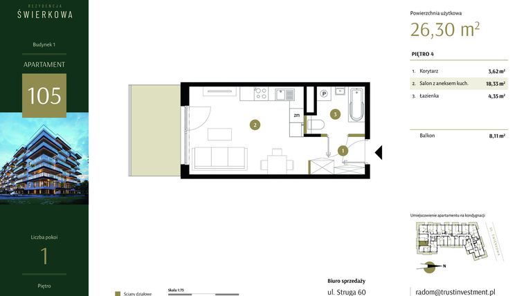 Rzut - Mieszkanie na sprzedaż 1 pokój o powierzchni 26,3 m² - numer 105 w Rezydencja Świerkowa