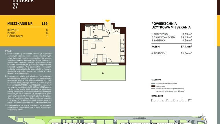 Rzut - Mieszkanie na sprzedaż 1 pokój o powierzchni 27,43 m² - numer B.129 w Conrada 27
