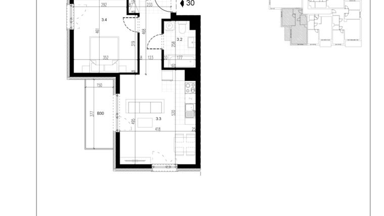 Rzut - Mieszkanie na sprzedaż 2 pokoje o powierzchni 47,48 m² - numer M30 w Trybuny Ludów 3
