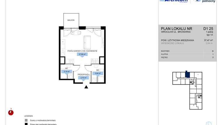 Rzut - Mieszkanie na sprzedaż 1 pokój o powierzchni 37,47 m² - numer D1.25 w Bulwar Północny