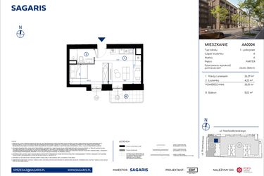 Rzut - Mieszkanie na sprzedaż 1 pokój o powierzchni 30,51 m² - numer AA0004 w Niedziałkowskiego Park