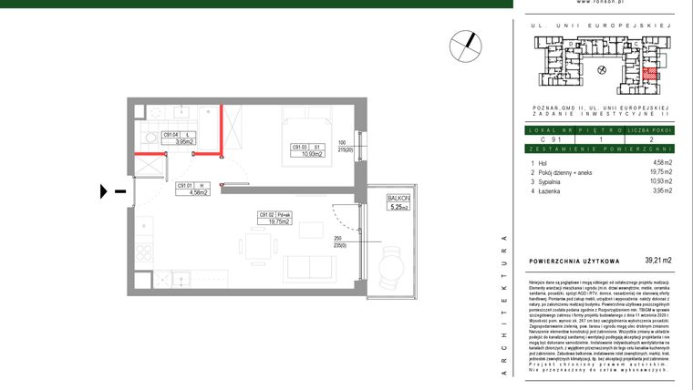 Rzut - Mieszkanie na sprzedaż 2 pokoje o powierzchni 39,21 m² - numer C091 w Grunwald Między Drzewami etap III