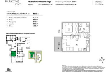 Rzut - Mieszkanie na sprzedaż 2 pokoje o powierzchni 31,22 m² - numer A.32 w Parkove Love