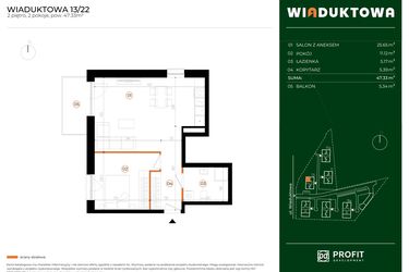 Rzut - Mieszkanie na sprzedaż 2 pokoje o powierzchni 47,33 m² - numer 13.22 w Wiaduktowa